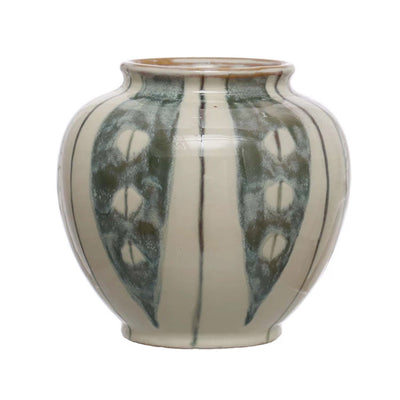 Hand-Painted Stoneware Vase with Green Stripes, Reactive Glaze