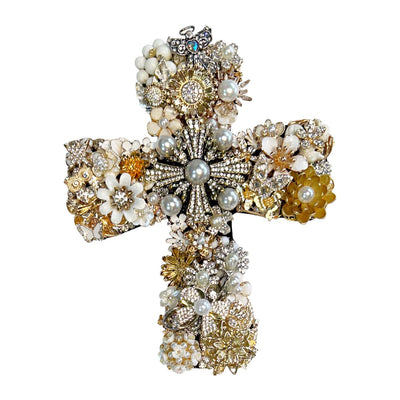 Gold & White Jeweled Cross - 6" Tall