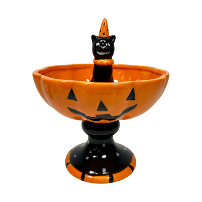 Pumpkin Bowl with Black Cat - 9" Tall