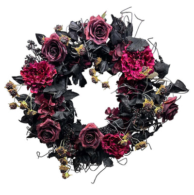 Black & Blue Hydrangea with Raspberry Silk Wreath - 28" Wide