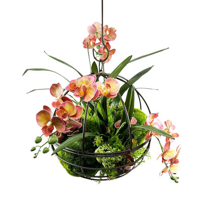 Faux Pink Orchids in Hanging Metal Orb