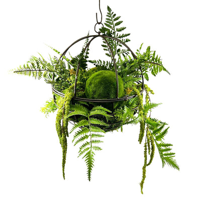 Faux Ferns & Moss in Hanging Metal Orb