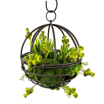 Faux Succulents & Moss in Hanging Metal Orb