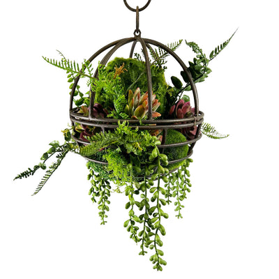 Faux Ferns & Succulents in Hanging Metal Orb